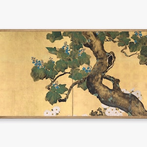 May include: A two-panel screen painting depicting a stylized branch of a tree with blue flowers and white flowers against a gold background.