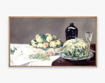 Arte da TV com moldura Samsung | Frutas vintage e melão ainda vida | Pintura a óleo antiga em cor neutra | TV digital 122