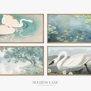 May include: A set of four framed prints featuring water lily paintings. The top left print shows two white swans swimming in a blue pond. The top right print shows a blue pond with water lilies. The bottom left print shows a green pond with a tree and a blue sky. The bottom right print shows a white swan swimming in a blue pond with water lilies.