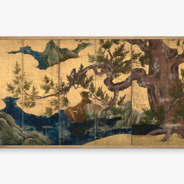 Samsung Cadre TV Art | Peinture sur écran pliant antique japonais à la feuille d’or | Paysage de cyprès Art numérique TV102