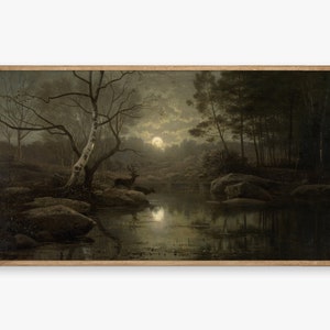 May include: A painting of a moonlit forest scene with a deer standing in a river. The water is still and reflects the light of the moon. The trees are dark and shadowy, creating a mysterious atmosphere.