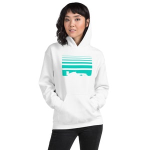 May include: White hooded sweatshirt with a teal blue graphic of a race car on a striped background.
