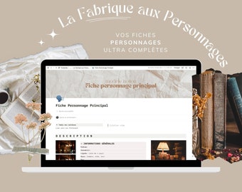 Puede incluir: Un ordenador portátil que muestra un sitio web llamado "La Fabrique aux Personnages" con un formulario para crear perfiles de personajes. El sitio web está en francés y presenta un fondo marrón claro con una textura de papel arrugado. El portátil está sobre una superficie marrón claro.