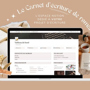 以下が含まれることがあります： 小説を書くためのダッシュボードが表示されたウェブサイトが、ラップトップの画面に表示されています。ダッシュボードには、小説のアイデンティティ、進捗状況、ToDoリスト、Pinterestのインスピレーションのセクションがあります。ラップトップは、本、コーヒーカップ、キャンドルに囲まれています。