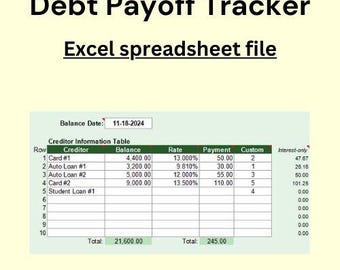 May include: A green and white spreadsheet table titled "Debt Payoff Tracker" with the text "Excel spreadsheet file" below it. The table has columns for "Row", "Creditor", "Balance", "Rate", "Payment", "Custom", and "Interest-only". The table shows a list of debts with their balances, interest rates, and payments. The balance date is 11-18-2024.