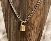One Padlock with Silver Cuban Link Necklace Lock key is 318, Brass