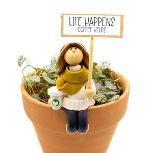 Coffee Girl Potsitter - Flower Pot Sitter - Plant Lover Gift - Sits on Edge of Flower Pot - Coffee & Plants - Pumpkin Spice Girl Pot Hugger