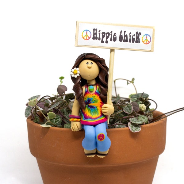 Hippie Chick Potsitter- Flower Pot Sitter- Plant Pot Sitter- Flower Pot Hippie- Sits on Edge of Flower Pot- Hippie Girl- Tie Dye Hippie Girl