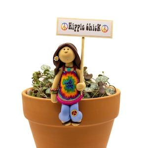 Hippie Chick Potsitter- Flower Pot Sitter- Plant Pot Sitter- Flower Pot Hippie- Sits on Edge of Flower Pot- Hippie Girl- Tie Dye Hippie Girl