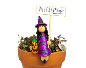 Witch Potsitter, Witch Pot Hugger, Halloween Gift,  Sits on Edge of Flower Pot, Flower Pot Pal, Plant Lover Gift, Witch Lover Gift