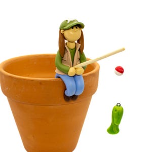 Girl Fishing Potsitter, Flower Pot Sitter, Flower Pot Fisherman, Sits on Edge of Flower Pot, Girl Fisherman, Female Fishing, Fishing & Plant