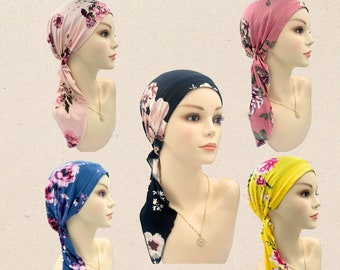 Floral Pattern Pre-tied Chemo Headwear, Cancer Head Covering, Chemo HeadWrap, Pretied Scarves For Hair Loss, Alopecia Headwear, Chemo Gift