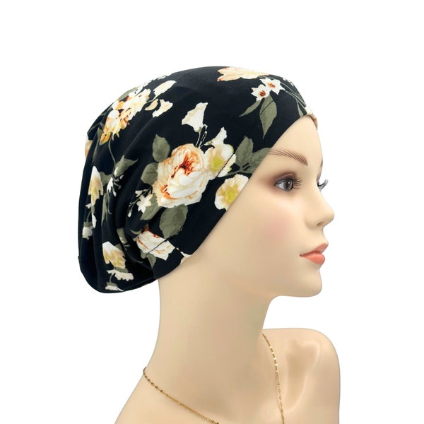 Satin Lining Floral Print Sleep Bonnet, Comfy Sleep Turban, Alopecia Hat, Cotton Baggy Slip-On Cap, Chemo Headwear, Women Night Head Wrap