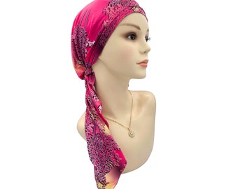 Pretty Longtail Head Scarf For Cancer Patient, Cancer Head Covering, Pre-Tied Chemo Alopecia Scarf, Pre-tied Hair loss Turban, Chemo Gift