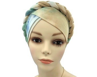 Tie-dye Cancer Head Covering,  Braided Hat For Hairloss Women, Cute Gift For Chemo Patient, Soft Slip On Alopecia Turban, Pre-tied Cap Scarf