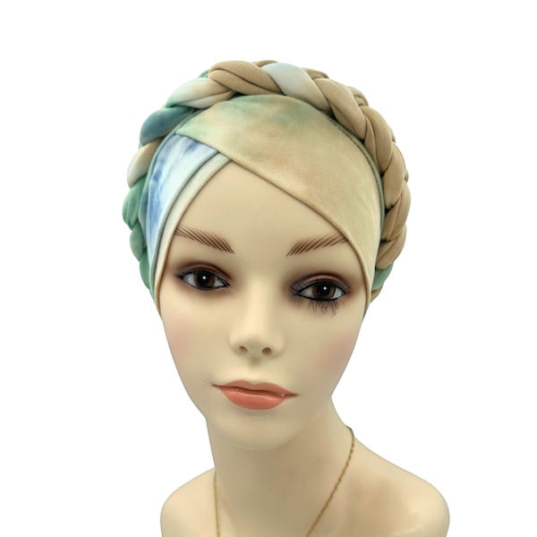 Tie-dye Cancer Head Covering,  Braided Hat For Hairloss Women, Cute Gift For Chemo Patient, Soft Slip On Alopecia Turban, Pre-tied Cap Scarf