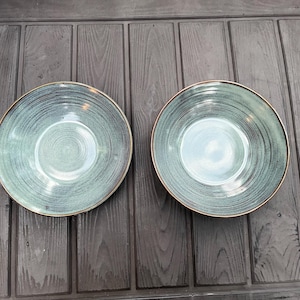 May include: Two round ceramic bowls featuring a mottled sage green and blue glaze with visible circular brushstroke patterns. Each bowl has a smooth, glossy interior finish and a distinct dark brown rim that frames the textured surface.