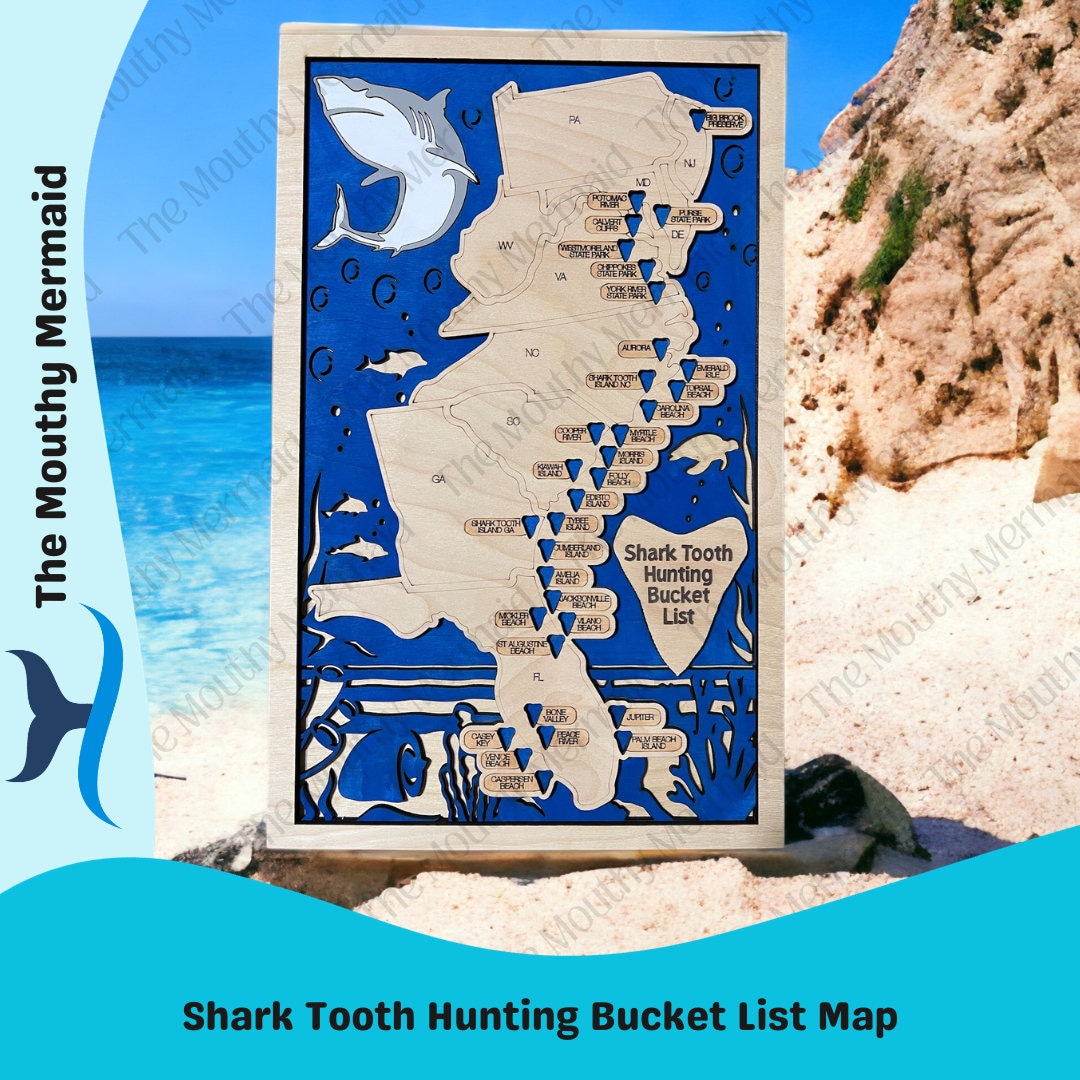 Shark Teeth Hunting Bucket List 3D Map. Shark Tooth Wall Hanging. Shark