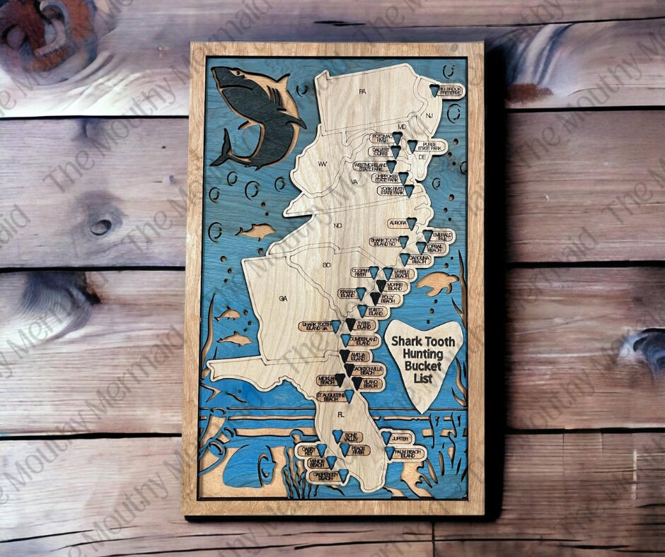 Shark Teeth Hunting Bucket List 3D Map. Shark Tooth Wall - Etsy