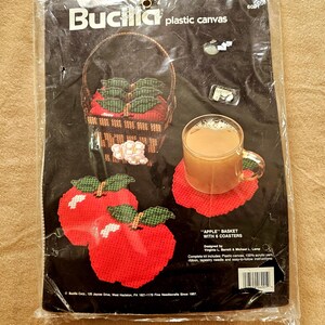Bucilla Vintage Plastic Canvas Apple Basket and 6 Coasters kit to make for Fall Decor