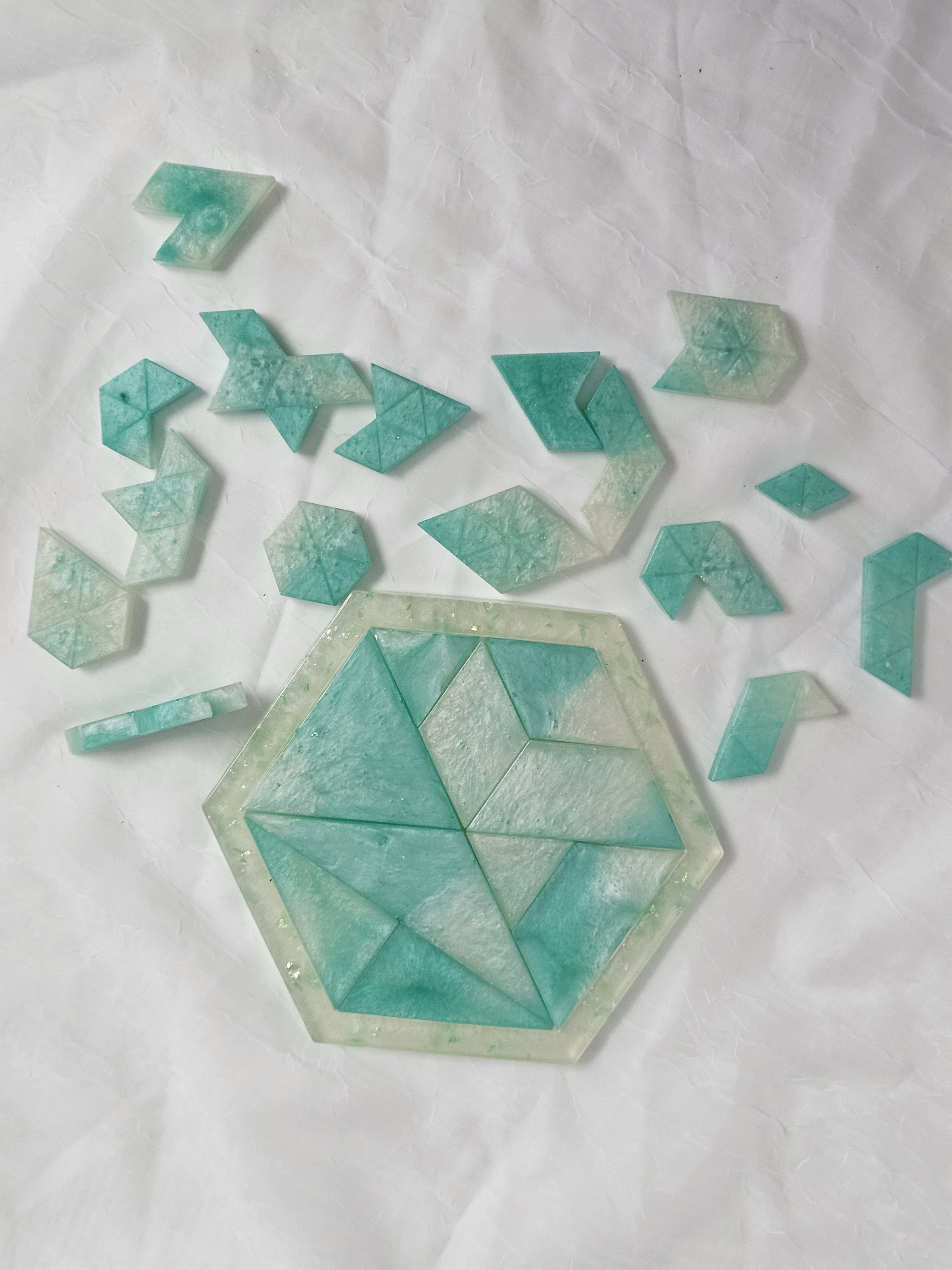 A Resin Puzzle Game Tangram Style With Base in Greens and White, It