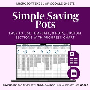 Puede incluir: Una pantalla de portátil muestra una hoja de cálculo titulada "Simple Saving Pots". La pantalla muestra tablas de datos con gráficos de progreso. El texto superior dice "Microsoft Excel o Google Sheets". Debajo, el texto dice "Easy to use template, 8 pots, custom sections with progress chart."