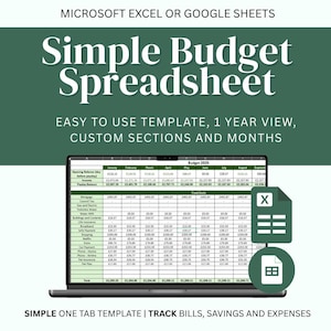 Może przedstawiać: Ekran laptopa wyświetla szablon arkusza budżetowego. Tekst na ekranie brzmi "Simple Budget Spreadsheet" i zawiera sekcje do śledzenia rachunków, oszczędności i wydatków. Szablon jest przeznaczony dla programu Microsoft Excel lub Arkuszy Google.