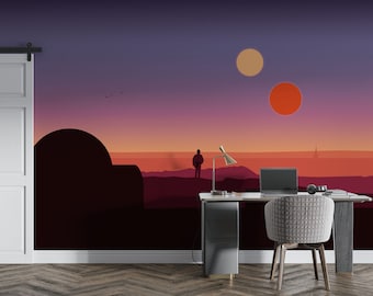 Star Wars, Binary Sunset Tatooine Wall Mural | Sci-fi | Peel & Stick Wallpaper | Self Adhesive Wallpaper | Traditional Non-Woven Wallpaper