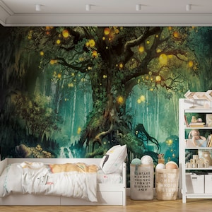 Forêt enchantée, arbre à limicoles fantastique | Papier peint autocollant | Papier peint autocollant | Papier peint non tissé traditionnel