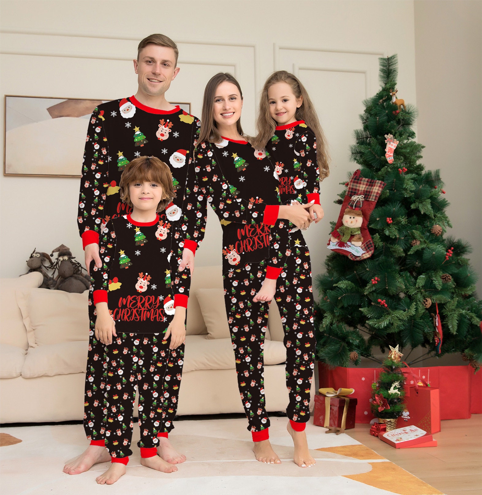 Weihnachtskostüme Unisex Erwachsene Weihnachtspyjama Familie Set Christmas Zweiteiliger Schlafanzug Langarm Nachtwäsche und Lange Hosen Pyjama Set Soft Hausanzug für Damen Herren Junge Mädchen 