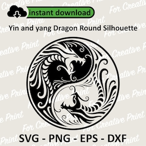 Puede incluir: Símbolo yin yang en blanco y negro con un dragón a cada lado. Los dragones se miran con la cabeza en el centro del círculo. El diseño es intrincado y detallado.