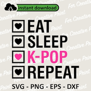 Könnte beinhalten: Eine schwarz-weiße Checklistengrafik mit einem rosa Herzen. Die Checkliste lautet "Essen, Schlafen, K-Pop, Wiederholen".