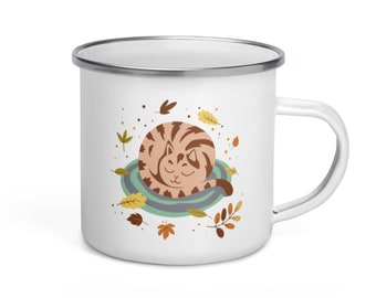 Herbstliche Katzen Emaille Tasse, Katzen Camping, Geschenk für Katzenliebhaber, Camper Tasse, Katzen Geschenk für Schwester, Katzenmama Geschenk, Geschenk für Gärtnerin