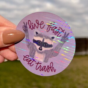 Live Fast Eat Trash - Pegatina/imán de mapache ilustrado / pegatina o imán impermeable laminado holográfico