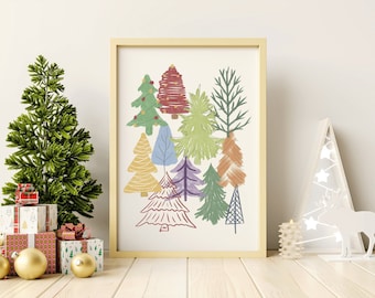 Christmas Wall Art - Christmas Tree Art Print, Seasonal Home Decor, Christmas Decor, Colorful Christmas Holiday Digital Download