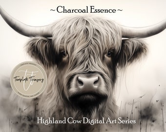 Charcoal Essence: Digital konstserie med höglandskon, set med 6 högupplösta bilder, svartvita bilder. Clipart. Omedelbar digital nedladdning.