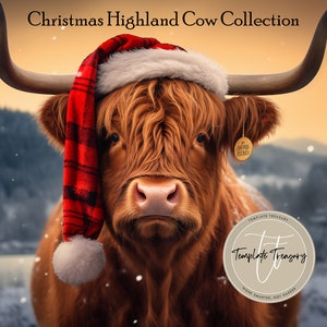 Kerst Highland Cow-collectie: 2 afbeeldingen in hoge resolutie, illustraties, instant digitale download, kerstkoe