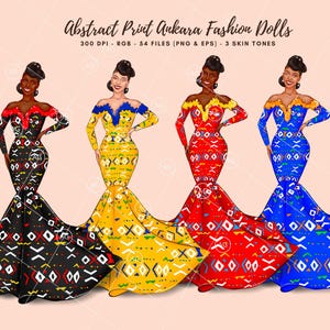 May include: Four fashion dolls wearing colorful Ankara print dresses with geometric patterns. The dresses are black, yellow, red, and blue. The dolls have different skin tones.