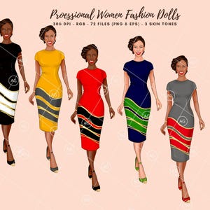 May include: Five digital illustrations of women wearing different colored dresses with geometric patterns. The dresses are black, yellow, red, blue, and gray. The women are all standing and looking forward. The text "Proessional Women Fashion Dolls" is at the top of the image.