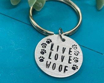 Live love woof | paw print keychain | dog mom | handmade, hand stamped jewelry