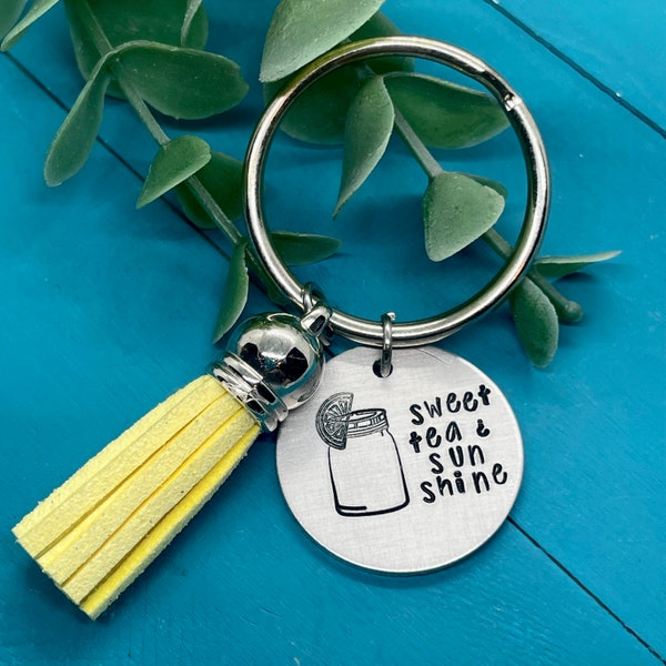 Sweet tea keychain | sweet tea and sunshine | southern charm | handmade, hand stamped jewelry