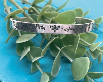 Dainty dragonfly bracelet | simple cuff bracelet | dragonfly jewelry gift for her | hand stamped jewelry