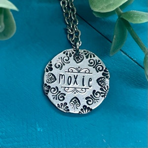 Moxie necklace | one word charm | strength jewelry | unique handmade, hand stamped jewelry
