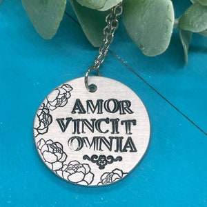 Latin motto necklace | AMOR VINCIT OMNIA | love conquers all | handmade hand  stamped jewelry