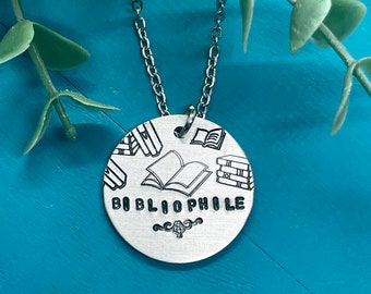 Bibliophile necklace | bookish, book lover gift| dark academia | unique handmade, hand stamped jewelry