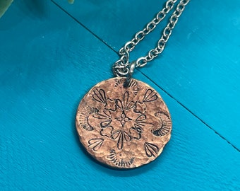 Recycled penny bohemian mandala necklace | upcycled jewelry | altered stamped penny | hand stamped jewelry