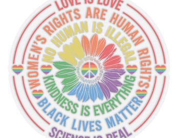 Rainbow Flower Sticker – Love Is Love, Human Rights, Kindness, BLM, Science (Transparent Vinyl)