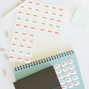 Pode incluir: Folhas de autocolantes de pronomes com as palavras "She/Her", "He/Him" e "They/Them" em cores do arco-íris. Os autocolantes estão num caderno, num caderno espiral e num caderno pequeno. Uma caneta, clipes de papel e um post-it também são visíveis.