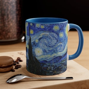 Vincent Van Gogh Starry Night Mug. Provence France impressionist painting coffee cup Gift for art lover in black, blue, yellow, white.