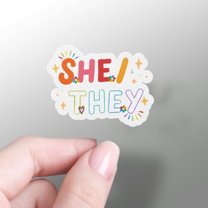 May include: A colorful sticker with the words "SHE / THEY" in a playful font. The text is in orange, red, and blue, with rainbow accents and starburst details. The sticker is held by a hand against a gray background.